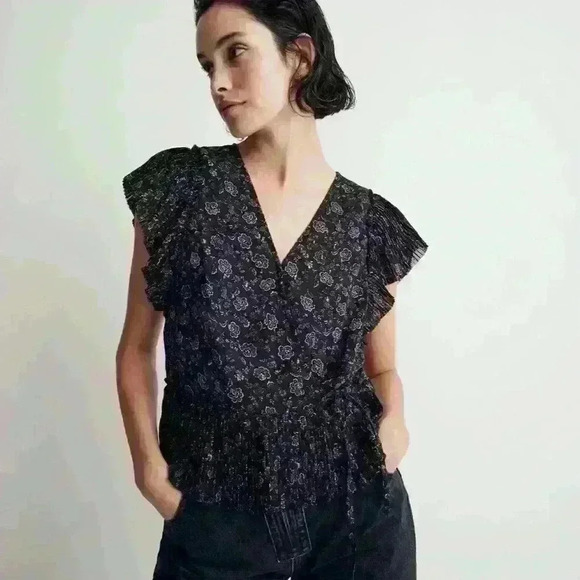 Madewell - women’s flutter sleeve warp Top in floral lurex black blouse SzL NWOT - Picture 3 of 9